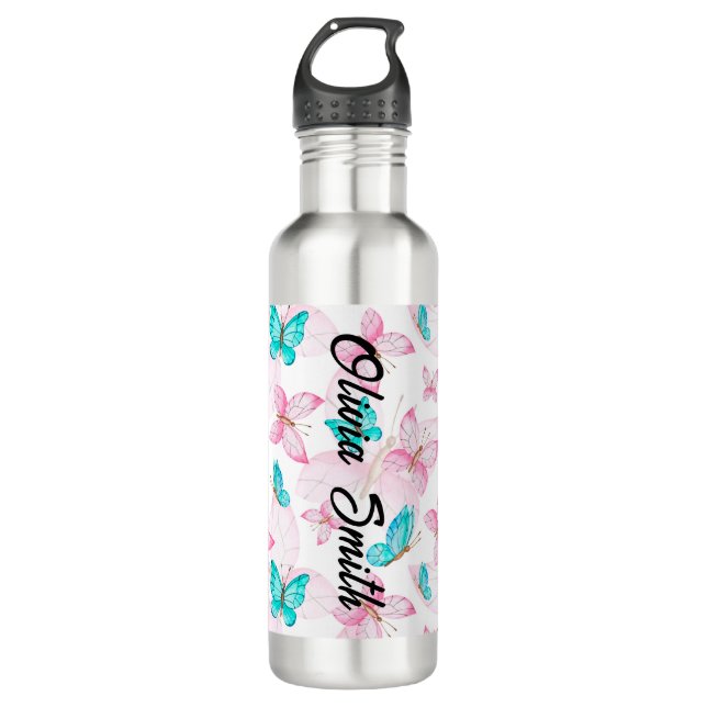 Pink Butterfly Personalisiert Name Edelstahlflasche (Vorderseite)