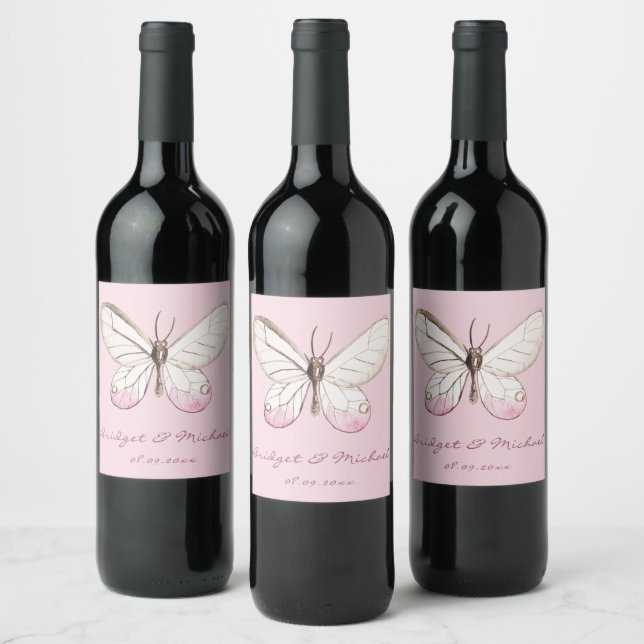 Pink Butterfly Personalisierte Hochzeit Weinetikett (Flaschen)