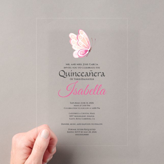 Pink Butterfly Quinceanera 15th Birthday Acryleinladungen (Insitu (Handheld))
