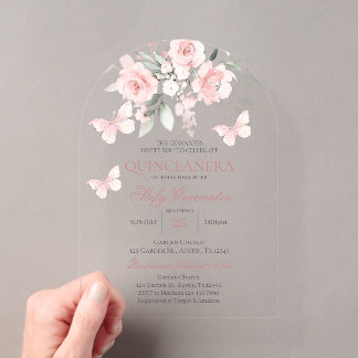 Pink Butterfly Quinceañera Acryleinladungen