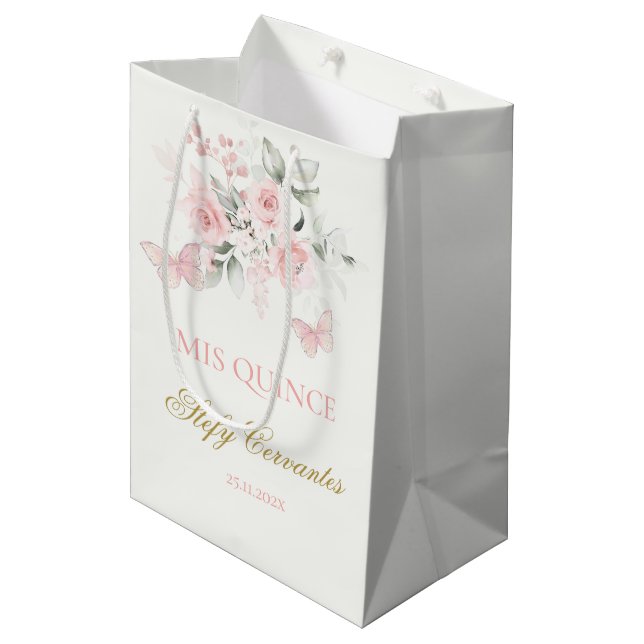 Pink Butterfly Quinceañera Mittlere Geschenktüte (Vorderseite Schrägansicht)