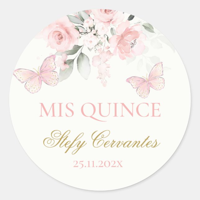 Pink Butterfly Quinceañera Runder Aufkleber (Vorderseite)