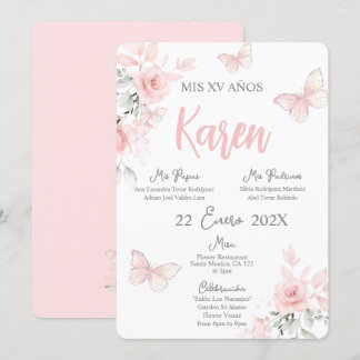 Pink Butterfly Quinceañera Spanische Einladung