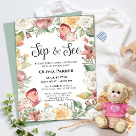 Pink Butterfly Rose Floral Baby Girl SIP UND SIEHE Einladung