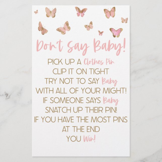Pink Butterfly Say Baby Shower Game nicht Briefpapier (Vorderseite)
