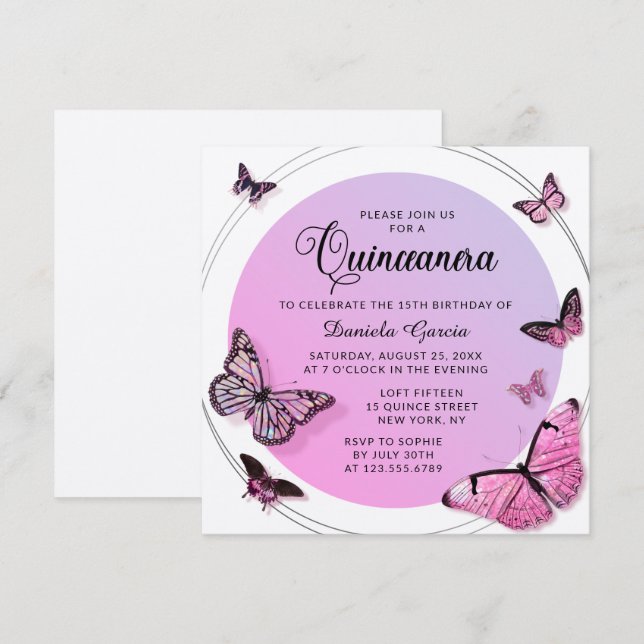 Pink Butterfly Shimmer Moderne Quinceañera Einladung (Vorne/Hinten)