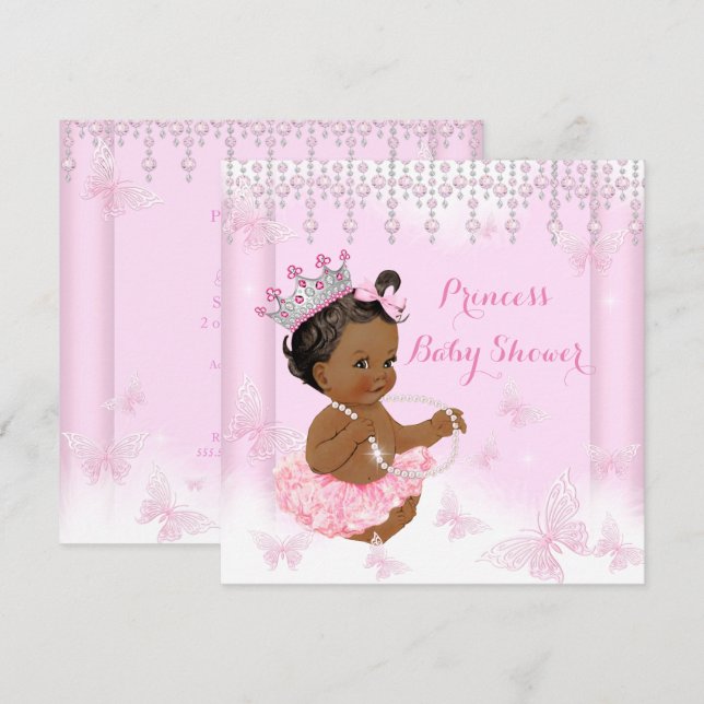 Pink Butterfly Tiara Princess Baby Shower Ethnic Einladung (Vorne/Hinten)