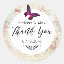 Pink Butterfly und Shabby Vintage Rose Danke Runder Aufkleber