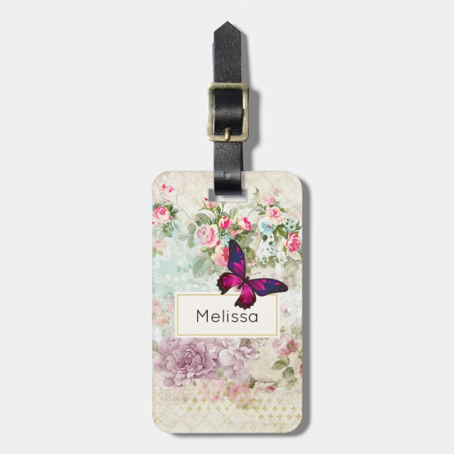 Pink Butterfly und Shabby Vintage Rose Gepäckanhänger (Vorderseite vertikal)