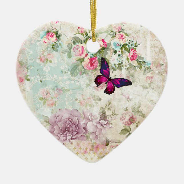 Pink Butterfly Vintag Shabby Collage Keramik Ornament (Vorne)