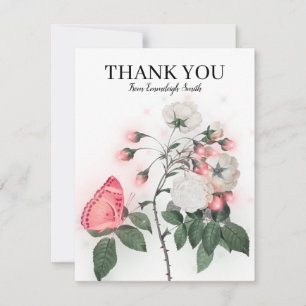 Pink Butterfly White Roses Vielen Dank Mitteilungskarte
