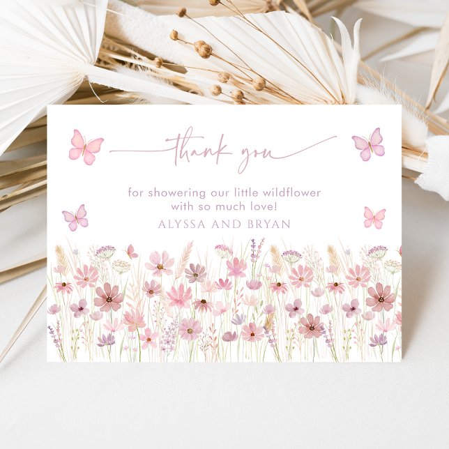 Pink Butterfly Wildflowers Baby Shower Dankeskarte (Von Creator hochgeladen)