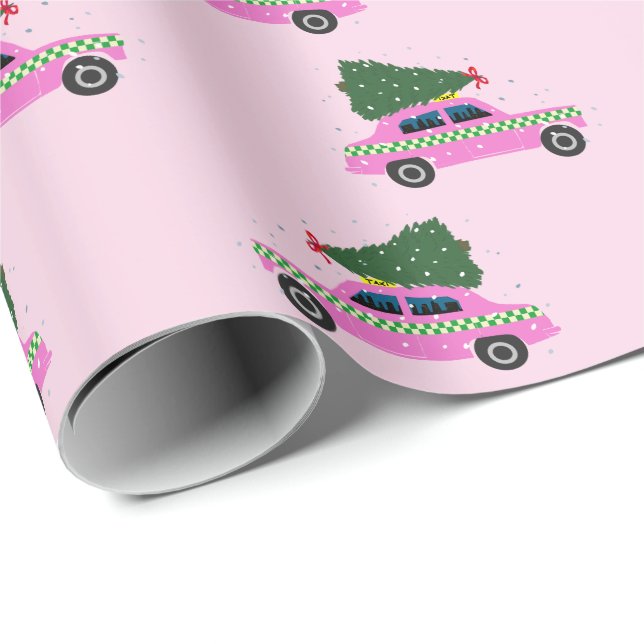 Pink Cab Taxi Fir Tree Muster Pink Weihnachten Geschenkpapier (Rolleneckpunkt)
