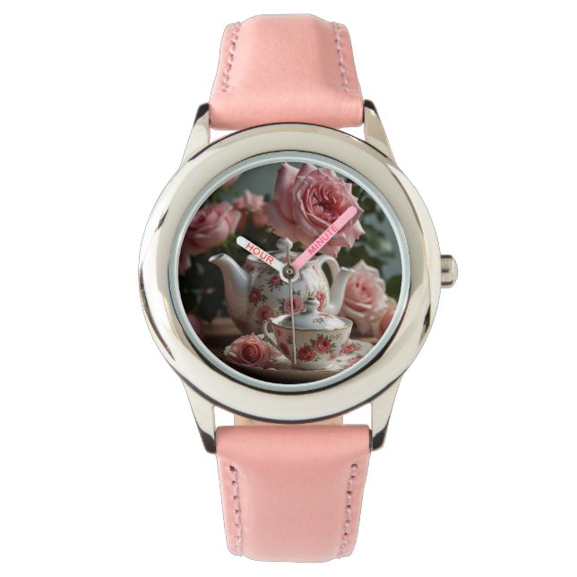 Pink Cabbage Rose Tee Armbanduhr (Vorderseite)