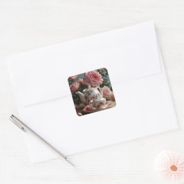 Pink Cabbage Rose Tee Quadratischer Aufkleber