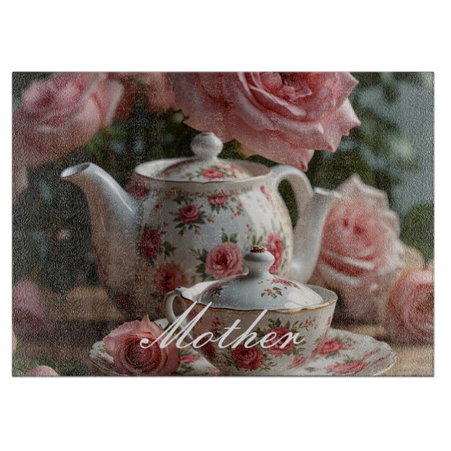 Pink Cabbage Rose Tee Schneidebrett (Vorderseite)