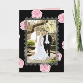 Pink Cabbage Roses and Black Lace Wedding Dankeskarte
