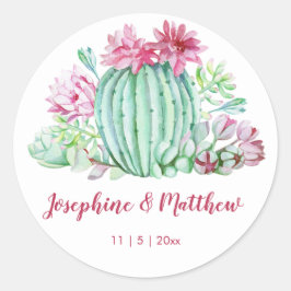 Pink Cactus Blume Succulents Watercolor Wedding Runder Aufkleber