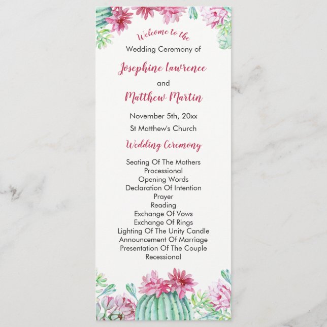 Pink Cactus Blume Succulents Wedding Program Programm (Vorderseite)