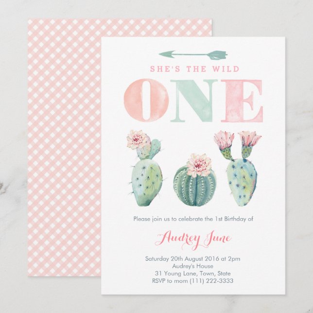 Pink Cactus Girl 1er invitations d'anniversaire, D (Devant / Derrière)