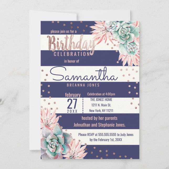 Pink Cactus Navy Stripes Rose Gold Geburtstagspart Einladung (Vorderseite)
