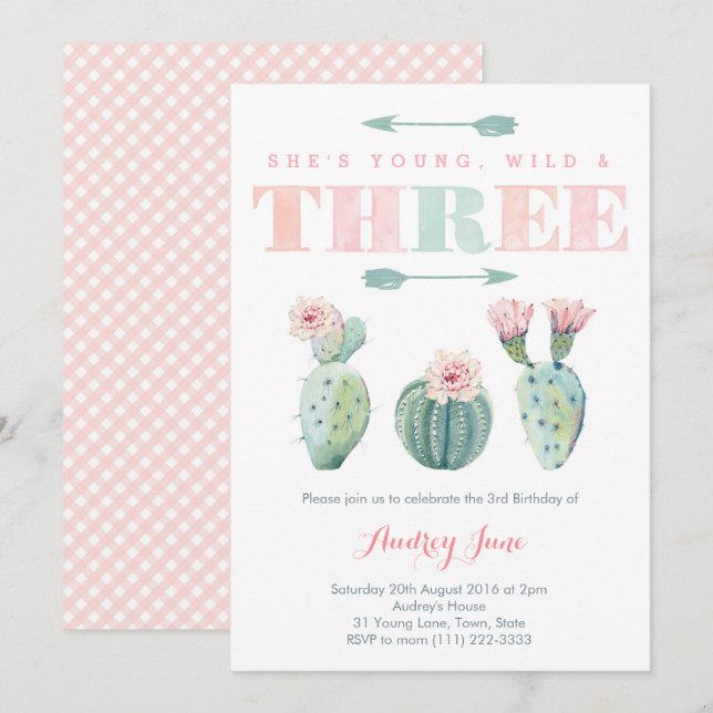 Pink Cactus Third Birthday Party Cards für Mädchen Einladung (Vorne/Hinten)