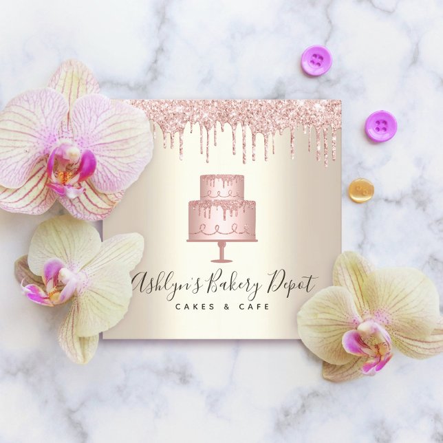 Pink Cake Bakery Gold Glitzer Tropfen Dessert Gold Quadratische Visitenkarte (Von Creator hochgeladen)