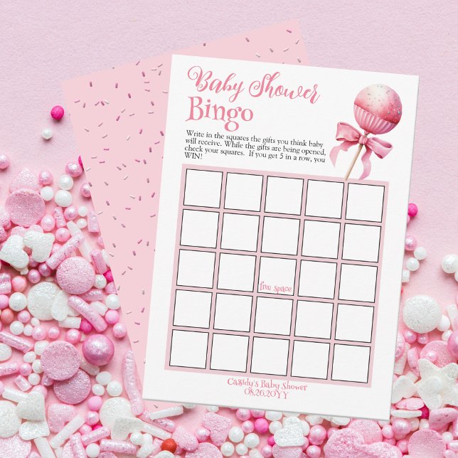 Pink Cake Pop Baby Shower Bingo Game Einladung (Pink Cake Pop Girl Baby Shower "Bingo" Game Card -- Pink Candy Frame Collection)