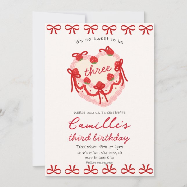 Pink Cake & Red bow Invitation Anniversaire (Devant)