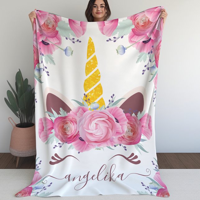 Pink California Poppies Floral Unicorn Kopf Fleecedecke (Pink California Poppies Floral Unicorn Head Fleece Blanket (L))