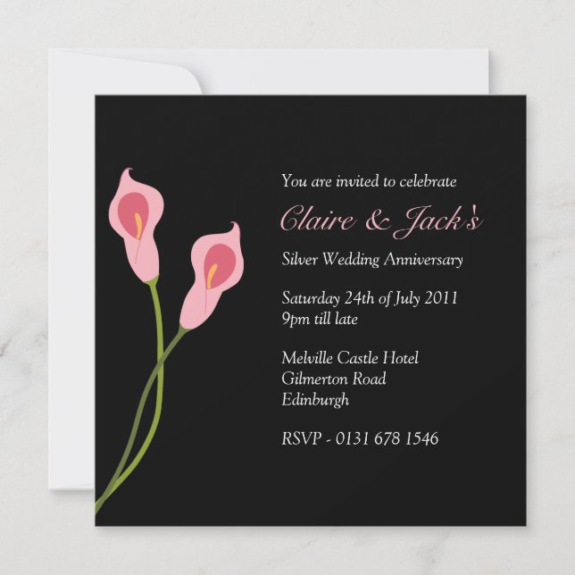 Pink Calla Lilies Jubiläum Party schwarz Einladung (Vorderseite)