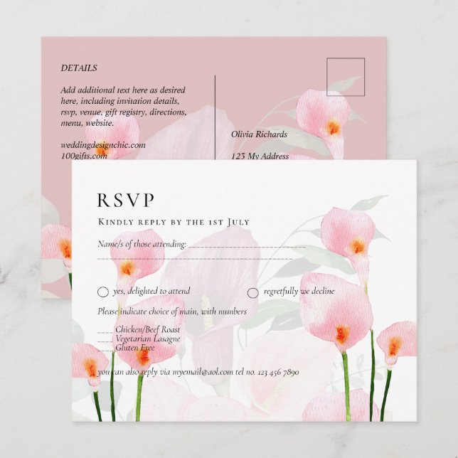 Pink Calla Lily Bouquet Wedding RSVP Postkarte (Vorne/Hinten)