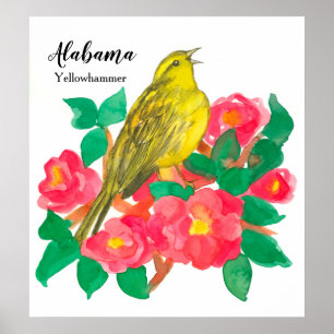 Pink Camellias Bird Yellowhammer Wassercolor Poster