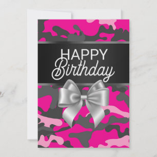 Pink Camouflage & Bow Happy Birthday Card Einladung