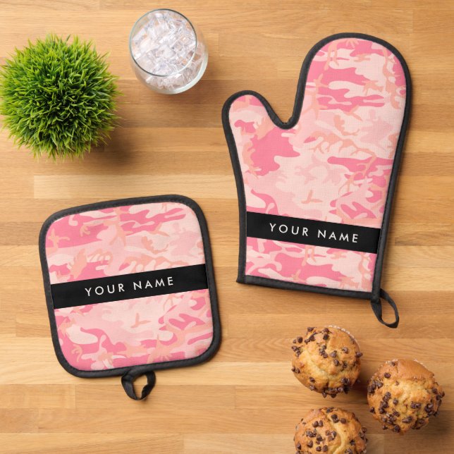 Pink Camouflage Pattern, Ihr Name, Personalisieren Ofenhandschuh & Topflappen-Set (Oben Unten)