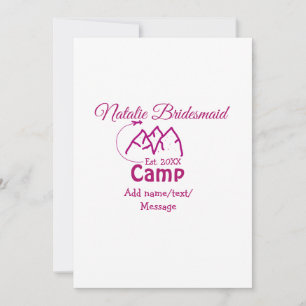 Pink Camp Bridesmaid geben Name Datum Jahr Bachelo Einladung