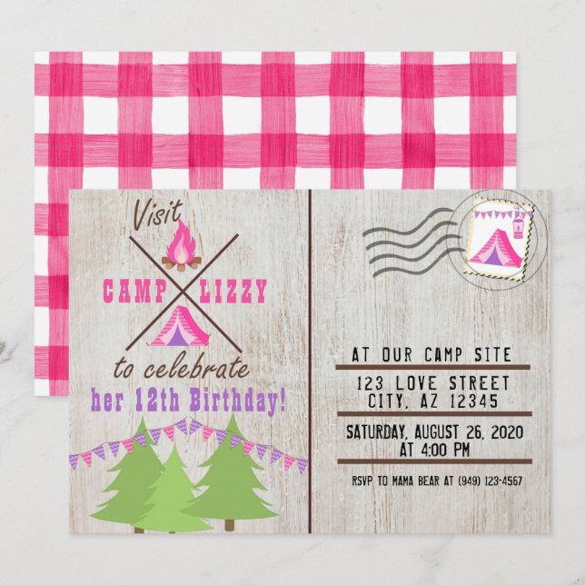 Pink Camping Wood Flannel Carte postale Anniversai (Devant / Derrière)