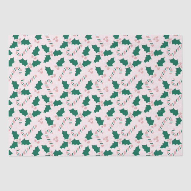 Pink Candy Canes and Holly Blätter Pattern Seidenpapier (Vorderseite)