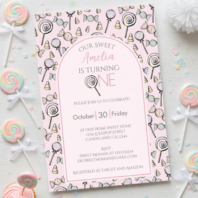 Pink Candy Erster Geburtstag Foto Einladung (Pink Sweet One Baby Girl Birthday Invitations. Lollipop & Candy Pattern for Cute Kids Birthday Party)