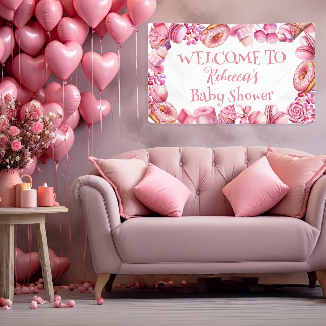 Pink Candy Frame Girl Baby Shower Banner (Pink Candy and Treats Frame Girl Baby Shower Horizontal Banner)