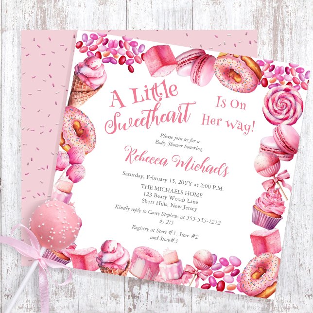 Pink Candy Frame Girl Baby Shower Einladung (A Little Sweetheart Candy Frame Girl Baby Shower Square Invitation)