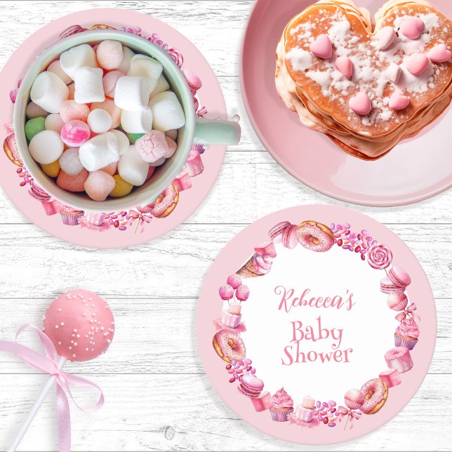 Pink Candy Frame Girl Baby Shower Runder Pappuntersetzer (Pink Candy and Treats Frame Girl Baby Shower Paper Coaster)