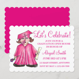 Pink Cap Gown School Graduation Party Open House Einladung