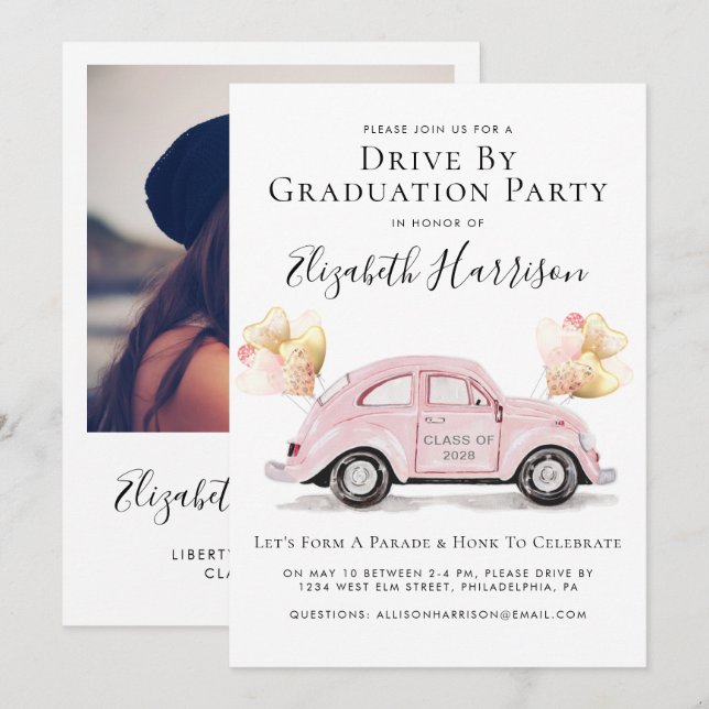 Pink Car Abschluss Drive by Partys Einladung (Vorne/Hinten)