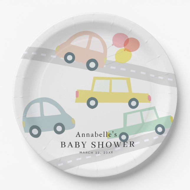 Pink Car Balloons White Girl Baby Dusche Pappteller (Vorderseite)