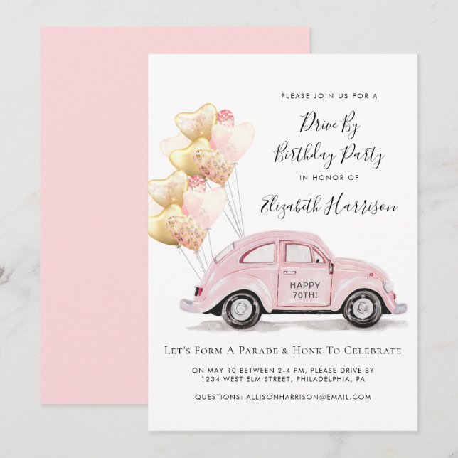 Pink Car Drive by Birthday Party Einladung (Vorne/Hinten)
