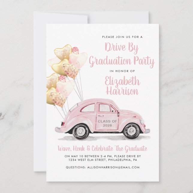 Pink Car Drive by Graduation Party Einladung (Vorderseite)