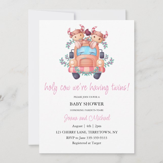 Pink Car Heilige Kuh, wir haben Twins Baby Dusche Einladung (Vorderseite)