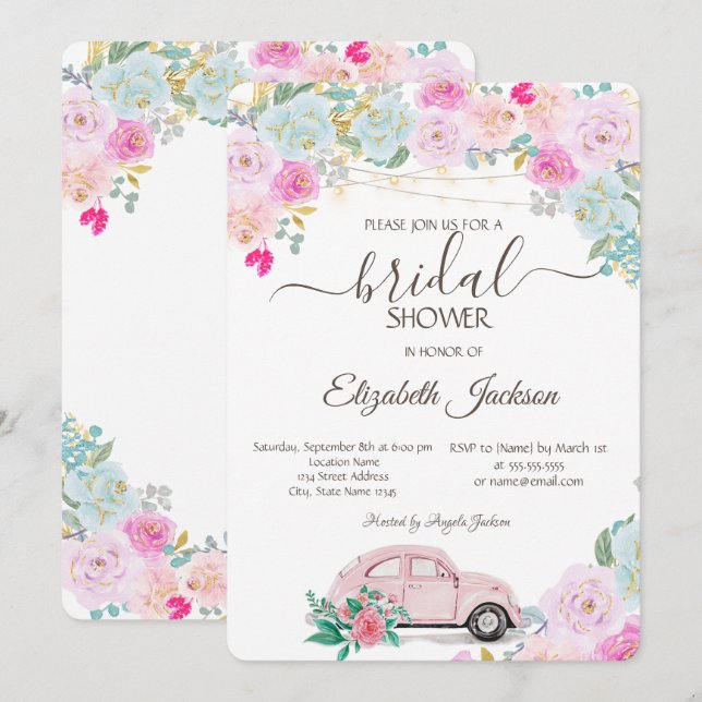 Pink Car Lights Chic Rose Brautparty Einladung (Vorne/Hinten)