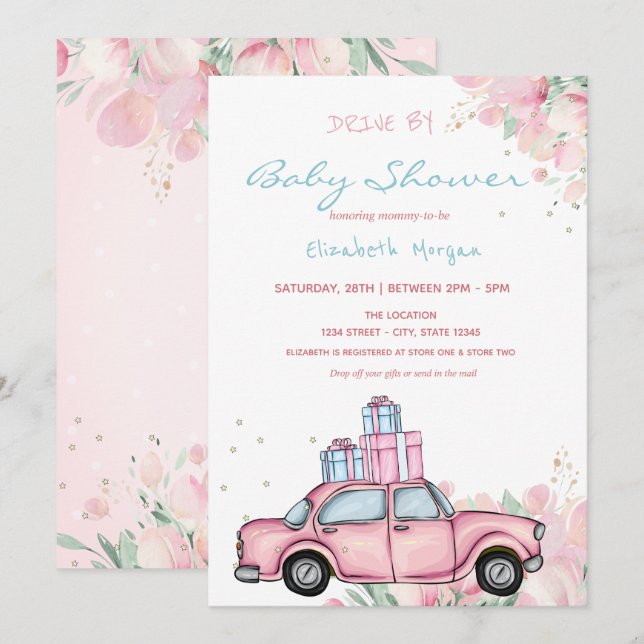 Pink Car präsentiert Blumenantrieb mit Babydusche Einladung (Vorne/Hinten)